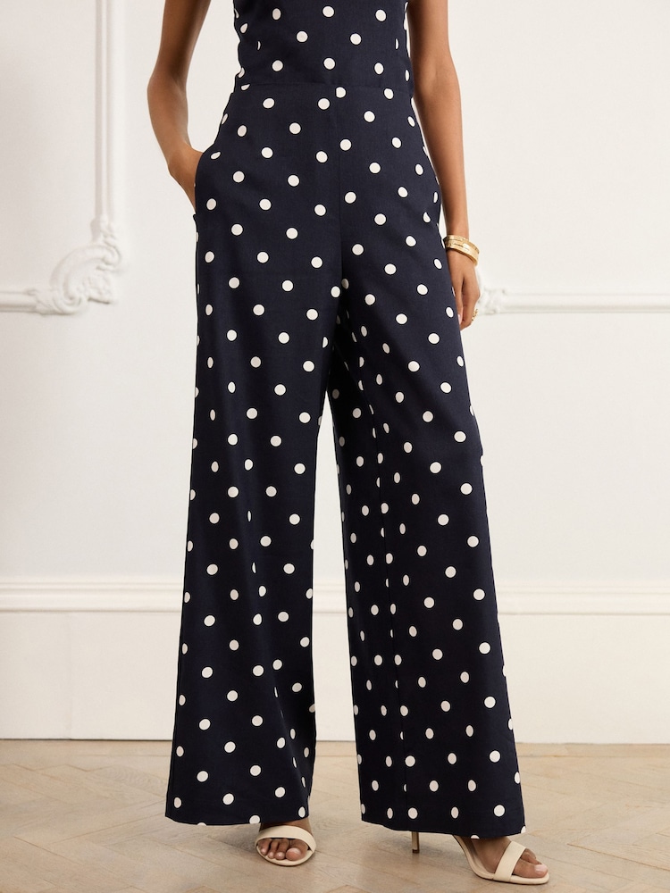 Marine/Blanc - Pantalon large à pois avec lin - Image 3 of 9