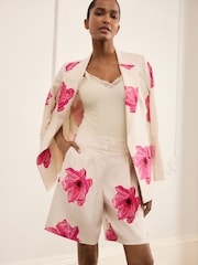 Ecru/Pink Floral Tailored Shorts with Linen - Image 1 of 5