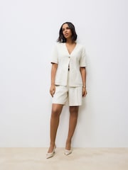 Ecru Elastic Back Tailored Shorts with Linen - Image 2 of 4
