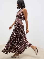 Brown Glossy Satin Polka Dot Maxi Skirt - Image 1 of 7