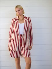 Red/Ecru Striped Tailored Shorts with Linen - Image 2 of 5