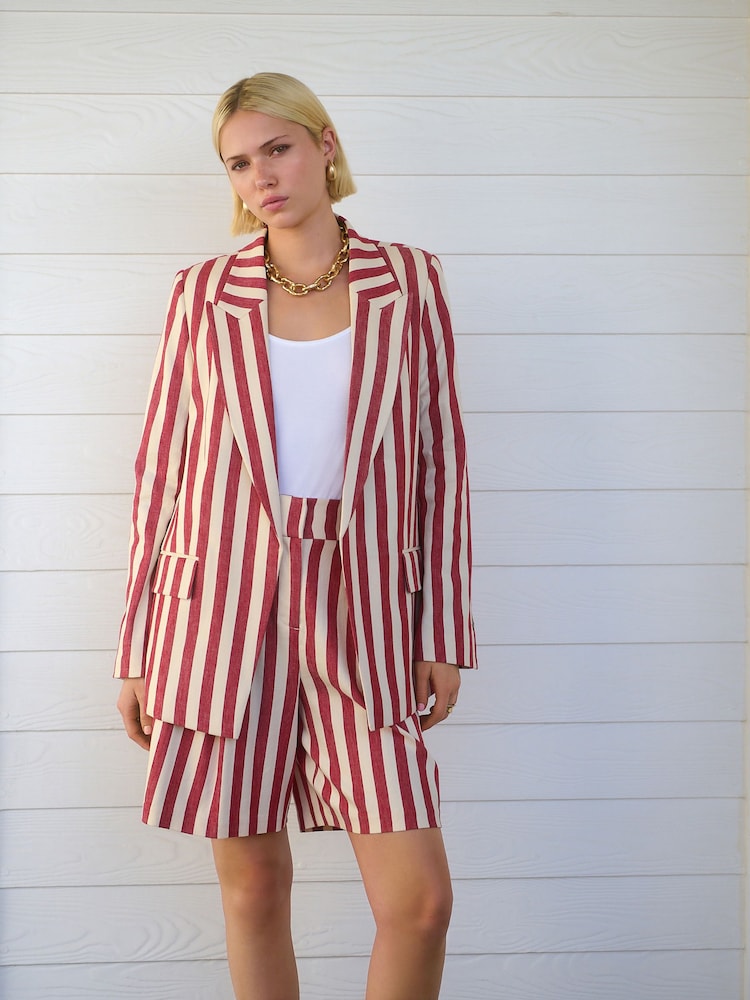 Red/Ecru Striped Tailored Shorts with Linen - Image 2 of 5