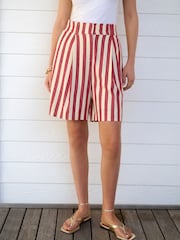 Red/Ecru Striped Tailored Shorts with Linen - Image 3 of 5