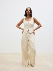 Yellow Striped Elastic Back Wide Leg Trousers with Linen - Image 1 of 7