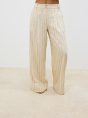 Yellow Striped Elastic Back Wide Leg Trousers with Linen - Image 3 of 7