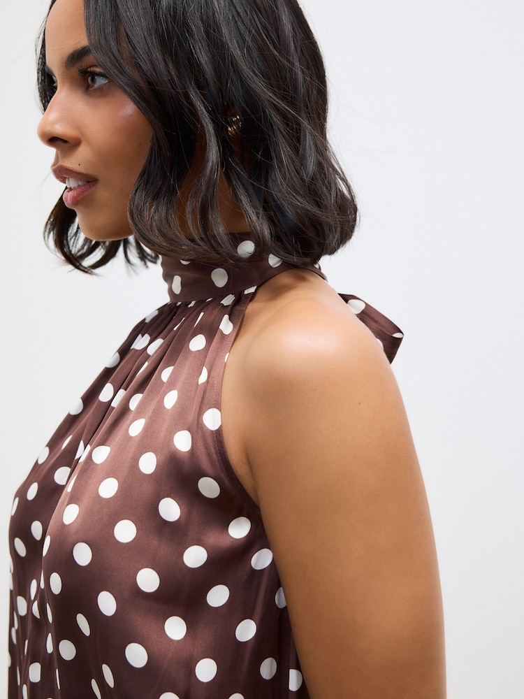 Comprar Marrón Blusa de satén brillante con lunares y cuello