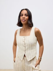 Yellow Striped Square Neck Waistcoat with Linen - Image 1 of 8