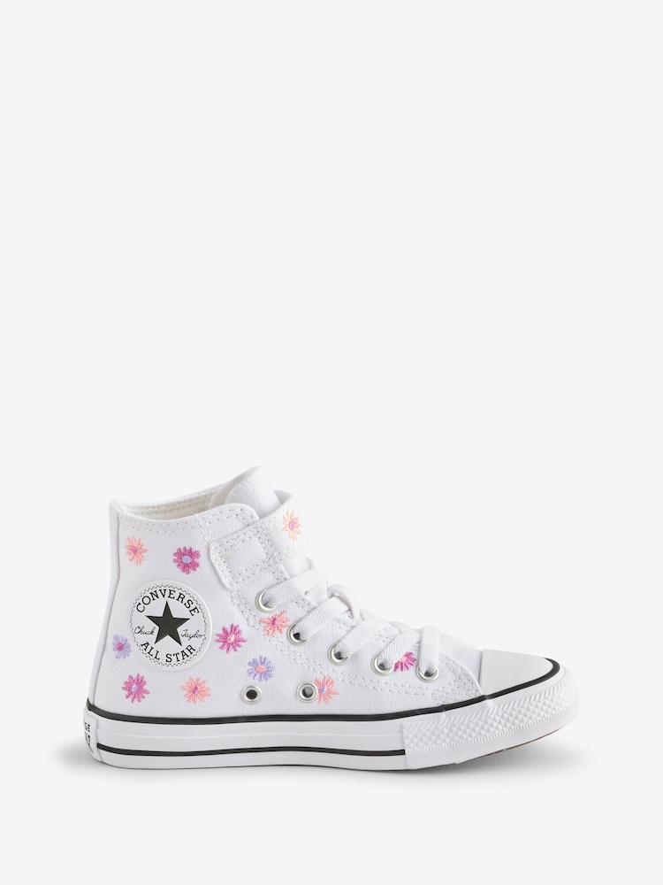 Converse White Junior Chuck Taylor Floral Print 1V Easy On Trainers - Image 1 of 9
