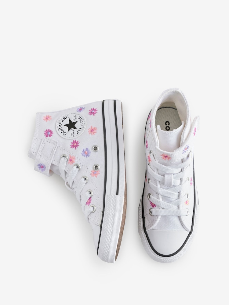 Converse White Junior Chuck Taylor Floral Print 1V Easy On Trainers - Image 9 of 9