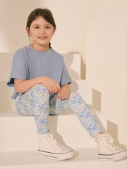 Blue/White Floral Printed Leggings (3-16yrs) - Image 4 of 4