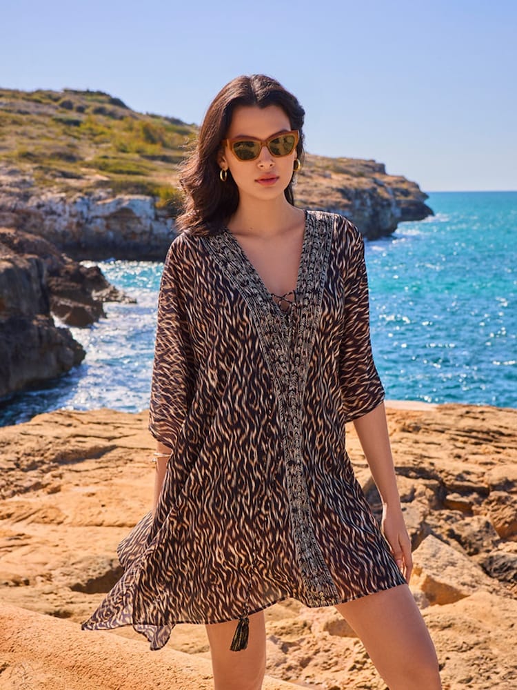 Miraclesuit Black Kaftan in Topkapi Ikat Print - Image 1 of 6