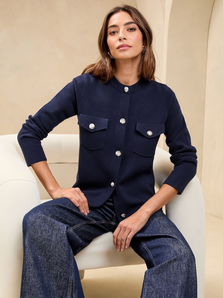 Lipsy Navy Buttoned Crew Neck Knit Cardigan - Image 1 of 4