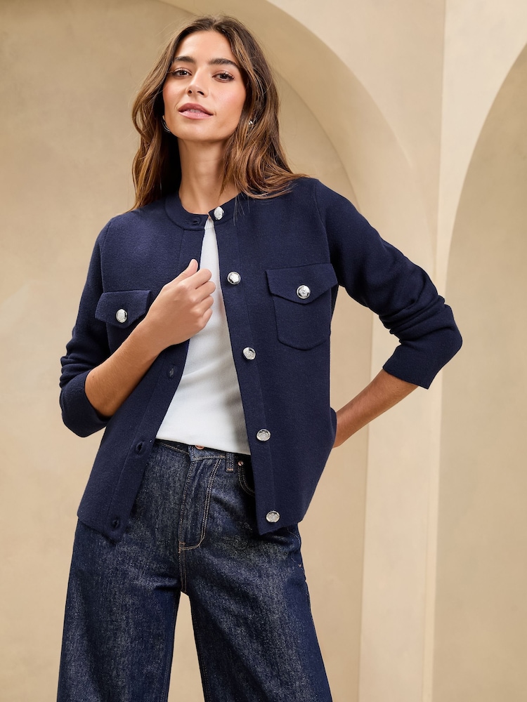 Lipsy Navy Buttoned Crew Neck Knit Cardigan - Image 3 of 4