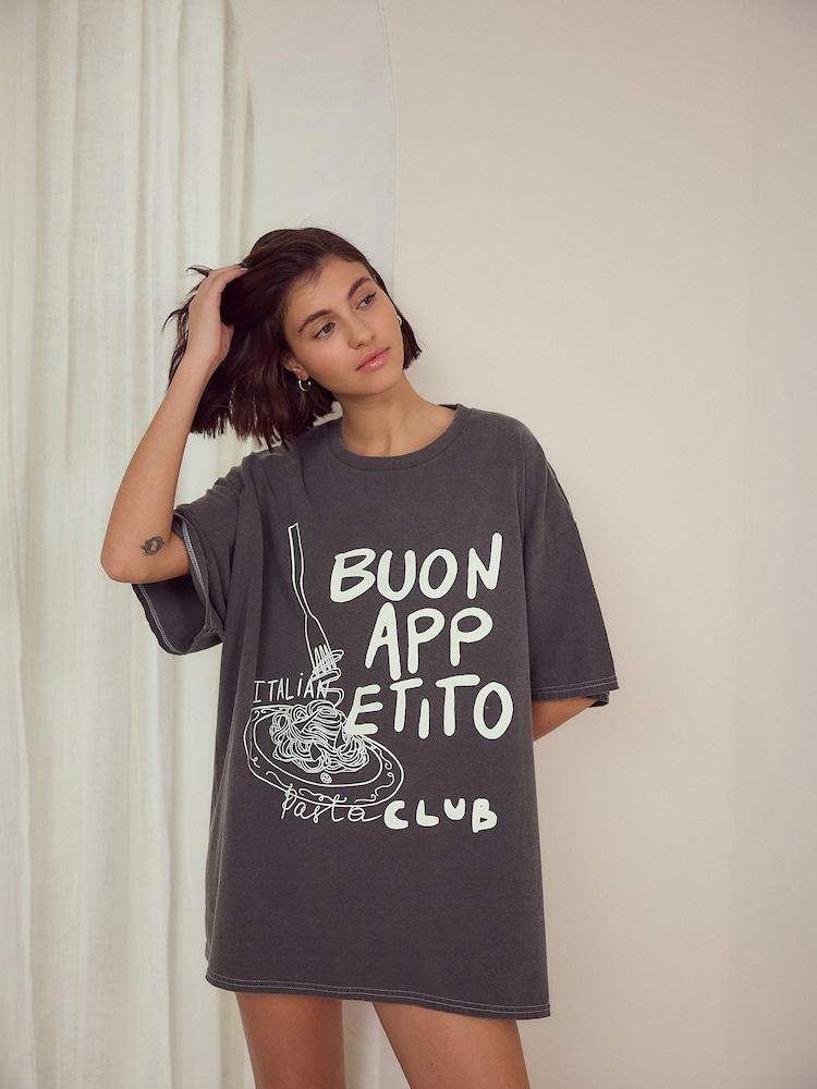 Charcoal Grey Pasta Oversized 100% Cotton Night T-Shirt - Image 1 of 4
