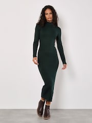Apricot Green 100% Cotton Ribbed Knitted Split Midi Dress - Image 2 of 4