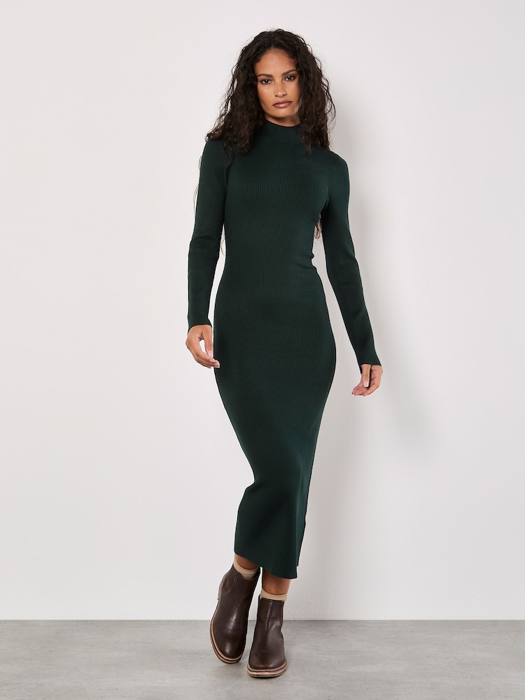 Apricot Green 100% Cotton Ribbed Knitted Split Midi Dress - Image 2 of 4
