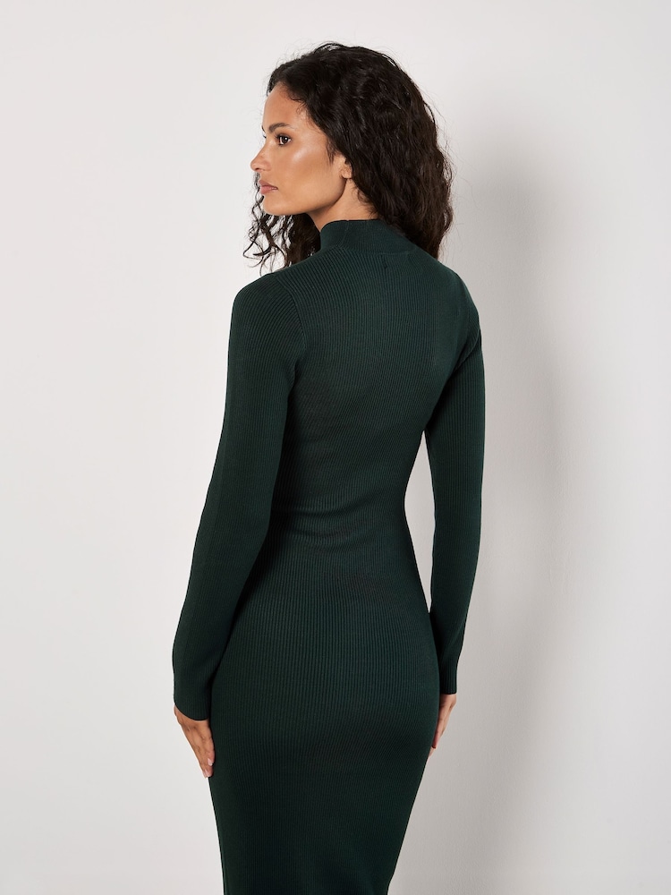 Apricot Green 100% Cotton Ribbed Knitted Split Midi Dress - Image 4 of 4