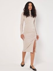 Apricot Natural Mock Neck Ruched Split Dress - Image 2 of 4