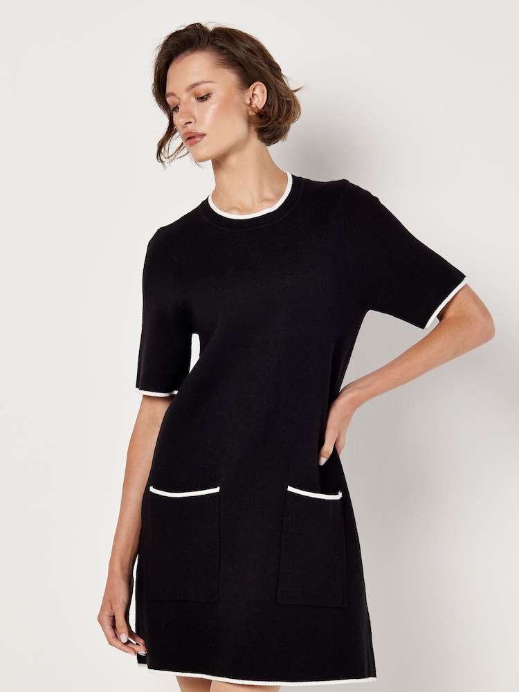 Apricot Black 2 Pockets Contrast Tipping Knit Dress - Image 1 of 4