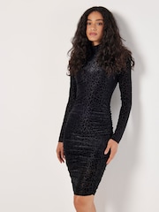 Apricot Black Animal Print Jacquard Ruched Dress - Image 1 of 4