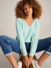 White Stuff Blue Verity V-Neck Cashmere Jumper - Image 1 of 6