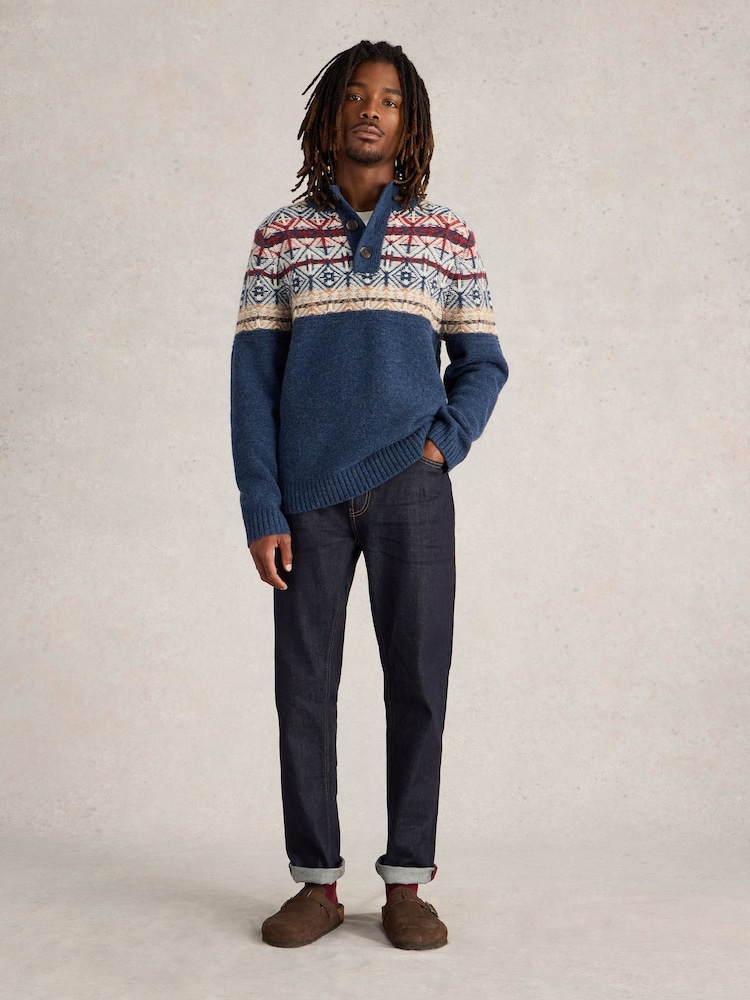 White Stuff Blue Lewis Funnel Neck Fairisle Pattern Jumper - Image 1 of 6