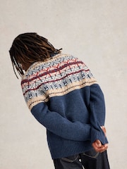 White Stuff Blue Lewis Funnel Neck Fairisle Pattern Jumper - Image 2 of 6