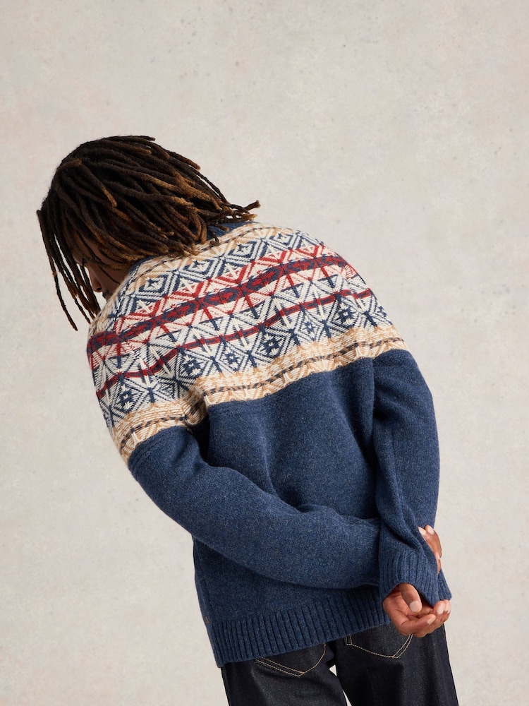 White Stuff Blue Lewis Funnel Neck Fairisle Pattern Jumper - Image 2 of 6