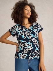 White Stuff Blue 100% Organic Cotton Nelly Notch Neck T-Shirt - Image 1 of 6