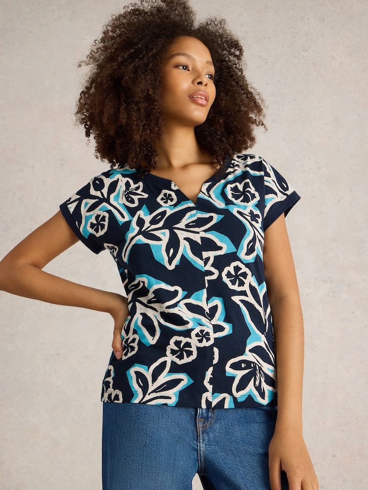 White Stuff Blue 100% Organic Cotton Nelly Notch Neck T-Shirt - Image 1 of 6