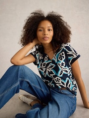 White Stuff Blue 100% Organic Cotton Nelly Notch Neck T-Shirt - Image 4 of 6