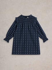 White Stuff Blue 100% Organic Cotton Camille Dobby Frill Dress - Image 1 of 3