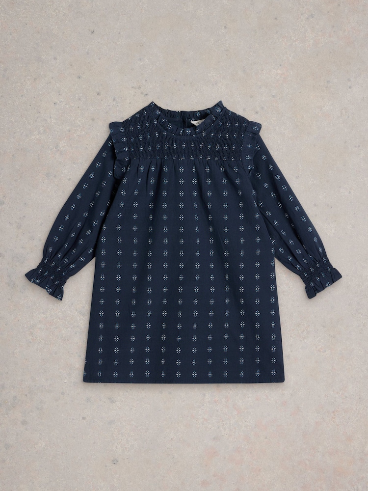 White Stuff Blue 100% Organic Cotton Camille Dobby Frill Dress - Image 1 of 3
