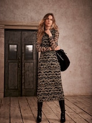 Mint Velvet Black Abstract Print Mesh Midi Dress - Image 1 of 4