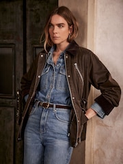 Mint Velvet Brown Distressed Wax Cotton Blend Jacket - Image 1 of 4