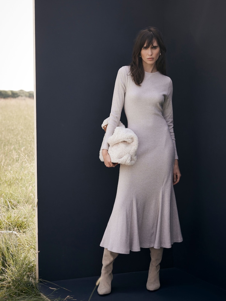 Mint Velvet Cream Cosy Ribbed Jersey Midi Dress - Image 1 of 4