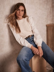Mint Velvet White Cotton Sleeve Knit Jumper - Image 1 of 4