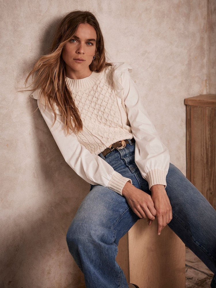Mint Velvet White Cotton Sleeve Knit Jumper - Image 1 of 4