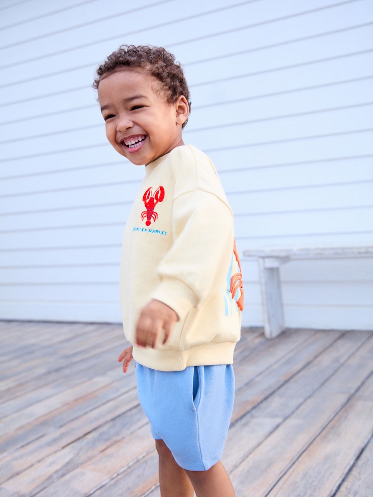 Yellow/Blue Lobster Print 100% Cotton Crew Sweatshirt & Shorts Set (3mths-7yrs) - Image 2 of 8