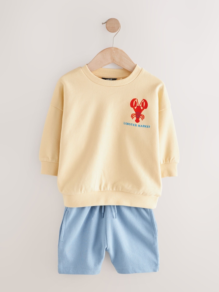Imprimé homard jaune/bleu - Ensemble sweat et short ras du cou 100% coton (3mois7ans) - Image 4 of 8