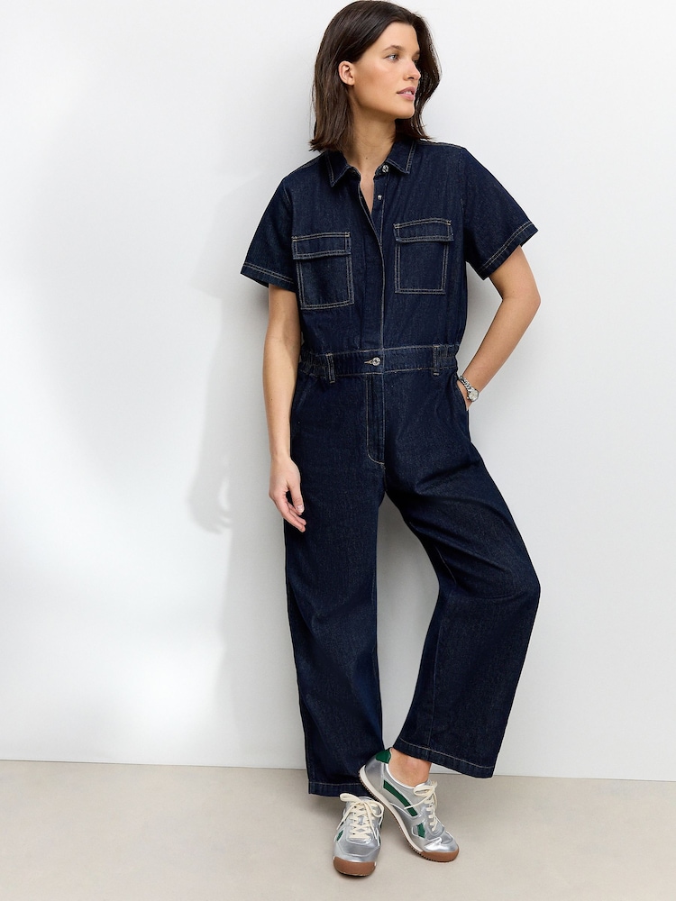 Dark Blue 100% Cotton Maternity Denim Boilersuit - Image 1 of 9