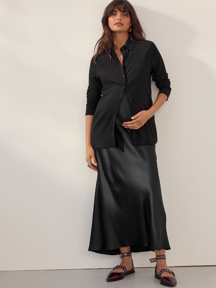 Black Maternity Satin Maxi Skirt - Image 1 of 8 Black Maternity Satin Maxi Skirt - Image 1 of 8