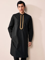Black 100% Cotton Poplin Kurta with Embroidery - Image 1 of 9