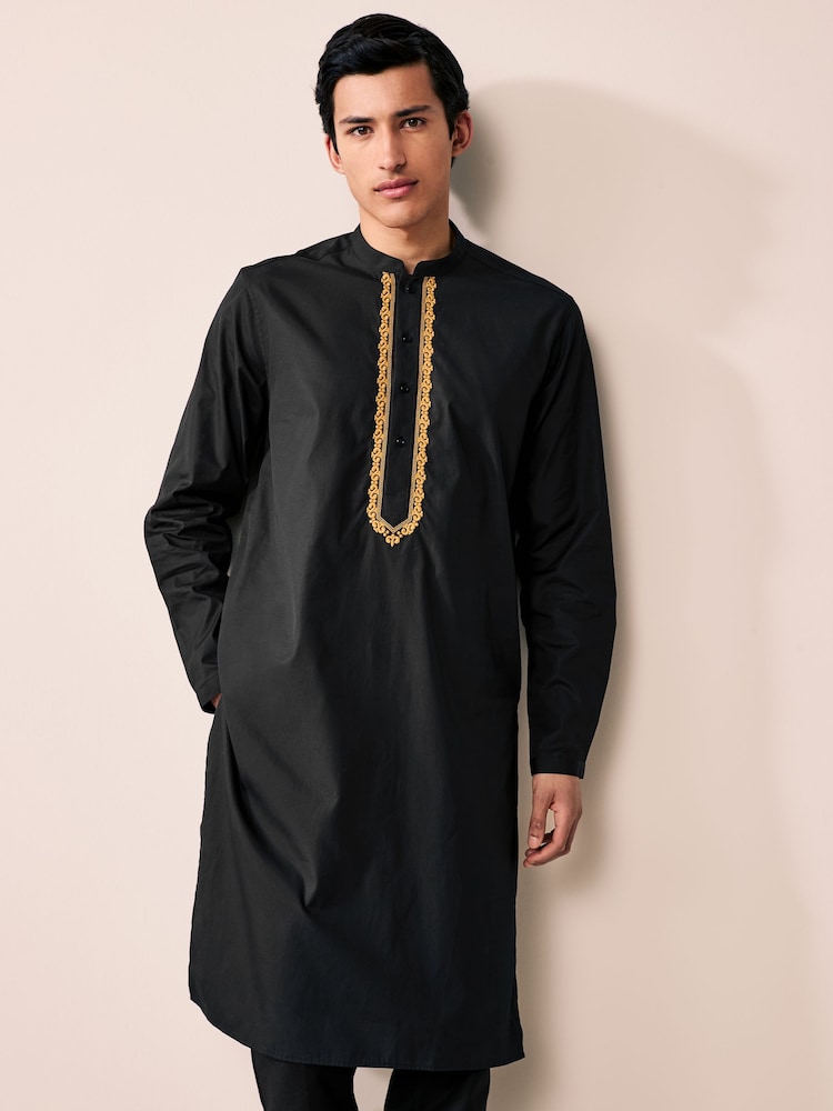 Black 100% Cotton Poplin Kurta with Embroidery - Image 1 of 9