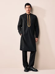 Black 100% Cotton Poplin Kurta with Embroidery - Image 2 of 9