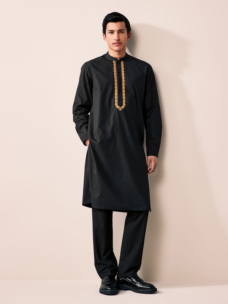 Black 100% Cotton Poplin Kurta with Embroidery - Image 2 of 9