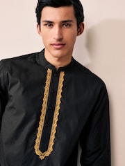 Black 100% Cotton Poplin Kurta with Embroidery - Image 5 of 9