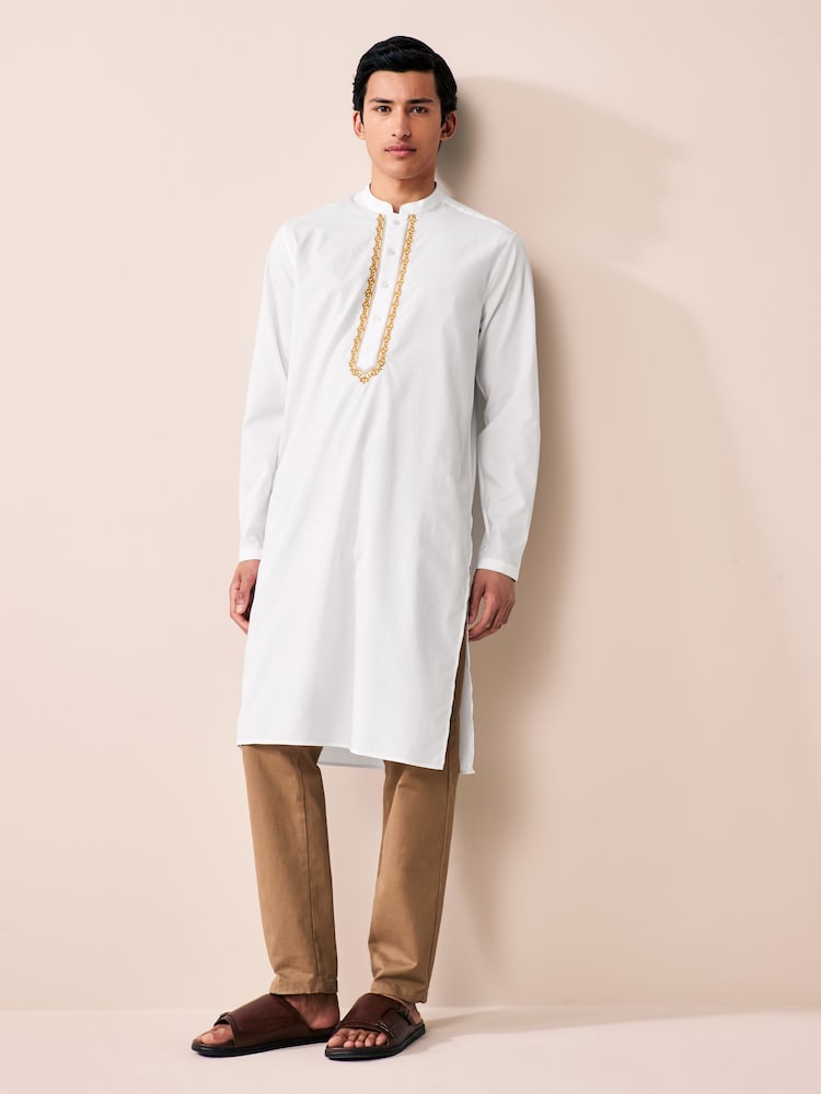 White 100% Cotton Poplin Kurta with Embroidery - Image 2 of 9