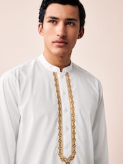 White 100% Cotton Poplin Kurta with Embroidery - Image 5 of 9