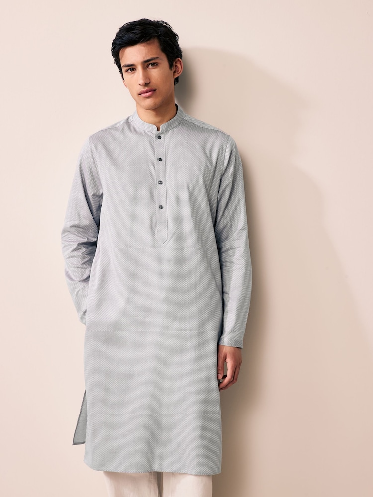Light Grey Textured 100% Cotton Signature Kurta - Image 1 of 9